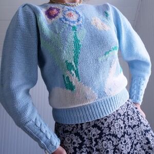 Vintage 1990s Eagle's Eye adorable pastel bunny cotton/ramie handknit sweater